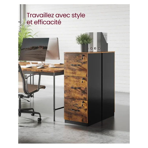 Caisson de Bureau Marron Rustique Noir 3 Tiroirs Support d’Imprimante Meuble de Rangement de Document