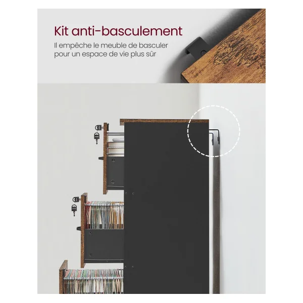 Caisson de Bureau Marron Rustique Noir 3 Tiroirs Support d’Imprimante Meuble de Rangement de Document