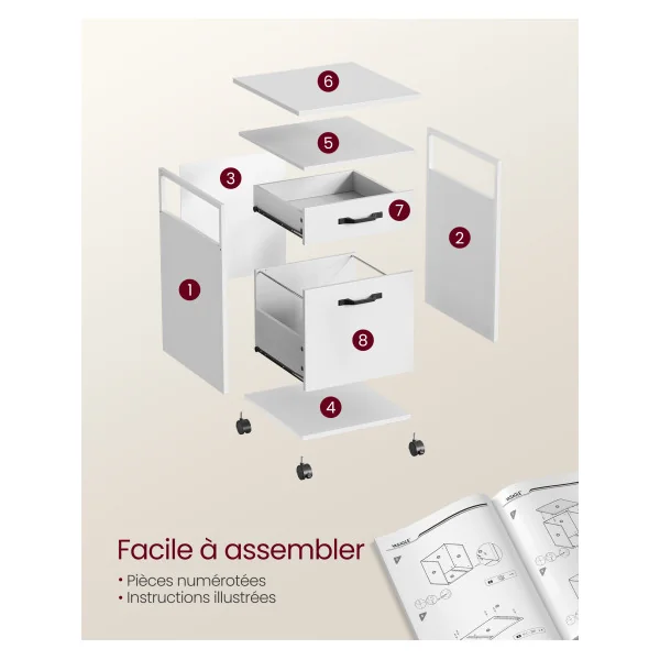 Caisson de Bureau Mobile Blanc 2 Tiroirs Caisson de Rangement