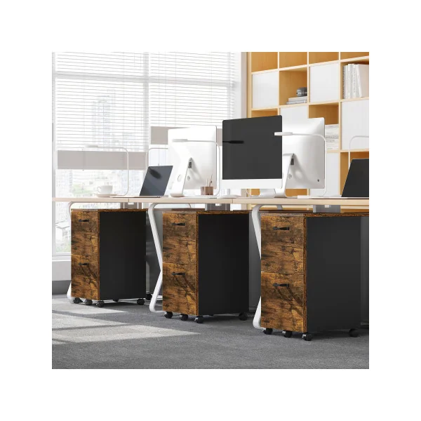 Caisson de Bureau Mobile Marron Rustique Noir 2 Tiroirs Caisson de Rangement