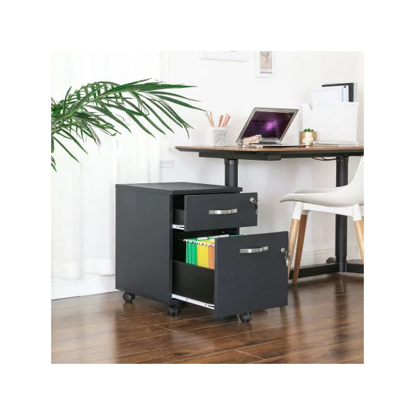 Caisson de Bureau Mobile Noir 2 Tiroirs Caisson de Rangement avec Serrure