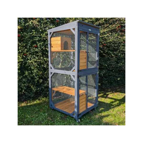 Catio Gris Bois Naturel Maison Chat Intérieur/Extérieur Enclos Grillagé Toit Shingle Parc de Détente Chat avec Plateformes