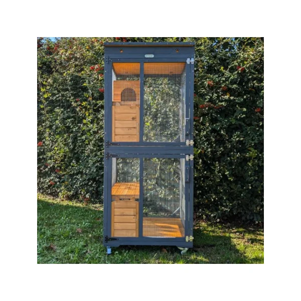 Catio Gris Bois Naturel Maison Chat Intérieur/Extérieur Enclos Grillagé Toit Shingle Parc de Détente Chat avec Plateformes