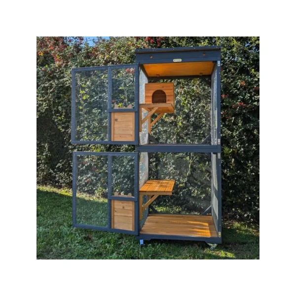 Catio Gris Bois Naturel Maison Chat Intérieur/Extérieur Enclos Grillagé Toit Shingle Parc de Détente Chat avec Plateformes