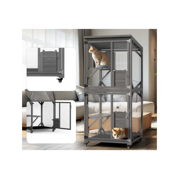 Catio Maison Chat Intérieur/Extérieur Enclos Grillagé Sapin Massif + Toit Shingle Parc de Détente Chat avec Plateformes