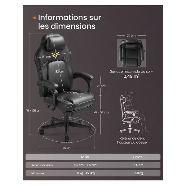 Chaise de Bureau Ergonomique Fauteuil Gaming avec Repose-Pieds Hauteur Réglable Noir