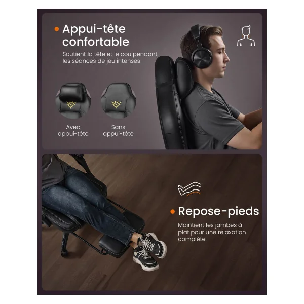 Chaise de Bureau Ergonomique Fauteuil Gaming avec Repose-Pieds Hauteur Réglable Noir
