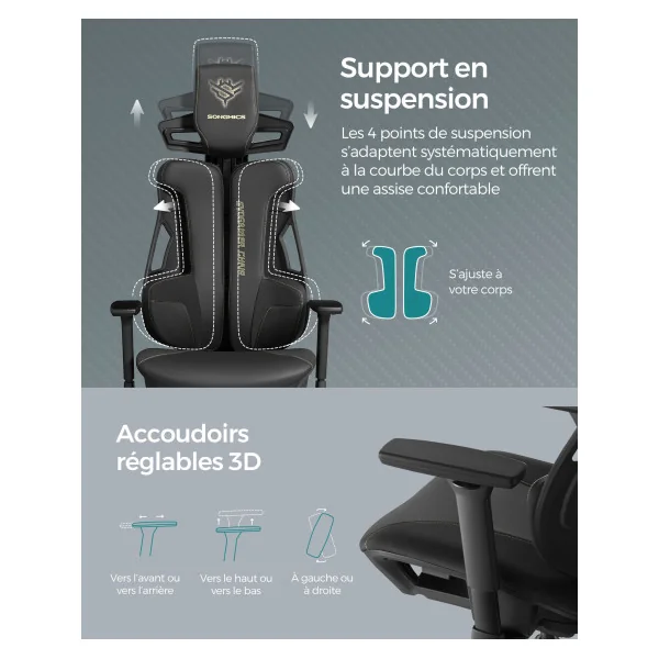 Chaise de Bureau Gamer Fauteuil Gaming Réglable Dossier Inclinable Noir