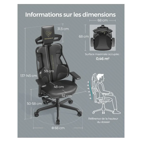Chaise de Bureau Gamer Fauteuil Gaming Réglable Dossier Inclinable Noir
