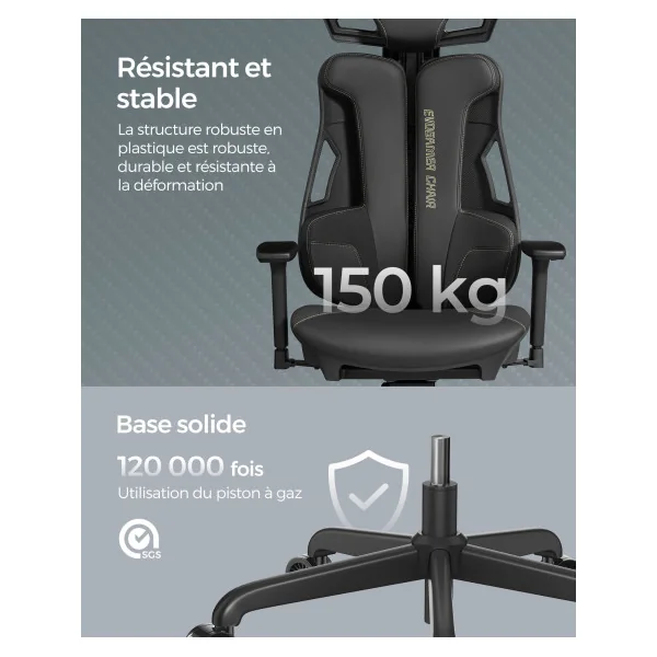 Chaise de Bureau Gamer Fauteuil Gaming Réglable Dossier Inclinable Noir