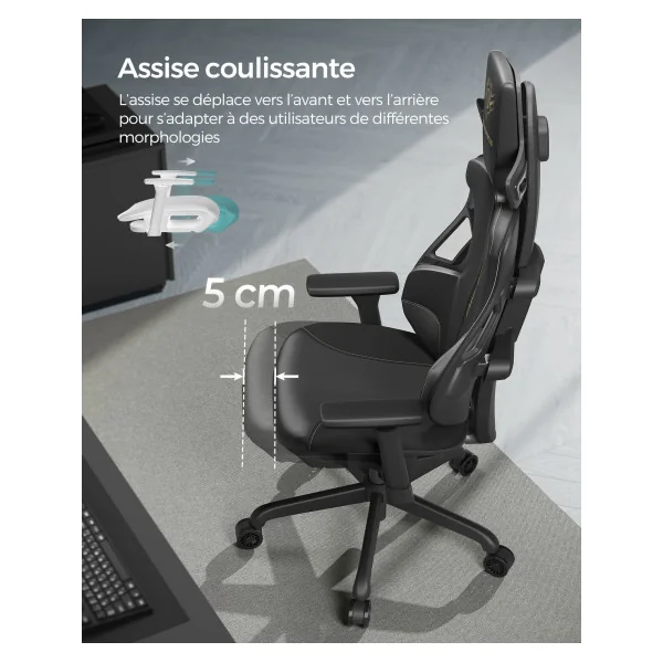 Chaise de Bureau Gamer Fauteuil Gaming Réglable Dossier Inclinable Noir