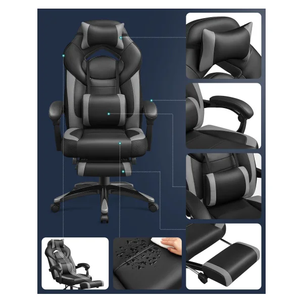 Chaise Gamer Noir Gris Fauteuil de Bureau Hauteur réglable Ergonomique