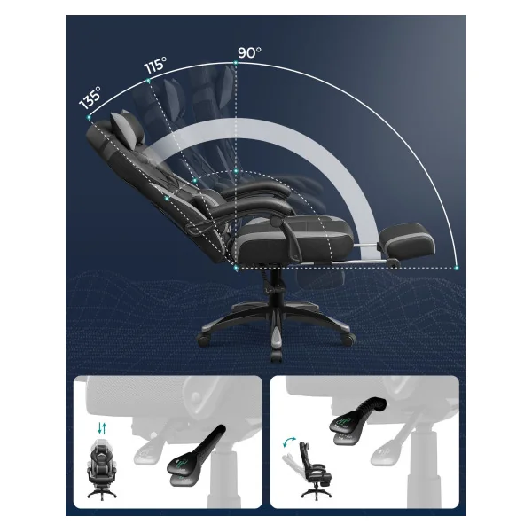 Chaise Gamer Noir Gris Fauteuil de Bureau Hauteur réglable Ergonomique