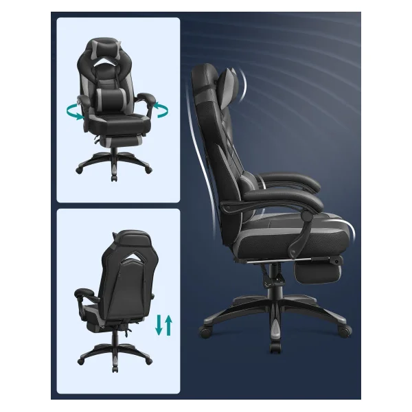 Chaise Gamer Noir Gris Fauteuil de Bureau Hauteur réglable Ergonomique