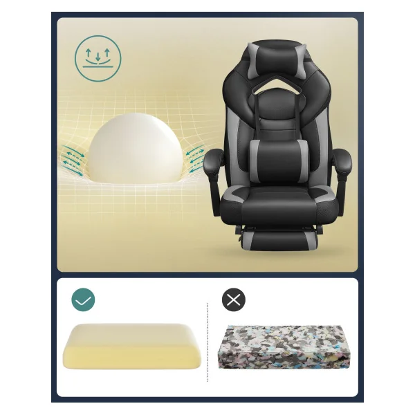 Chaise Gamer Noir Gris Fauteuil de Bureau Hauteur réglable Ergonomique
