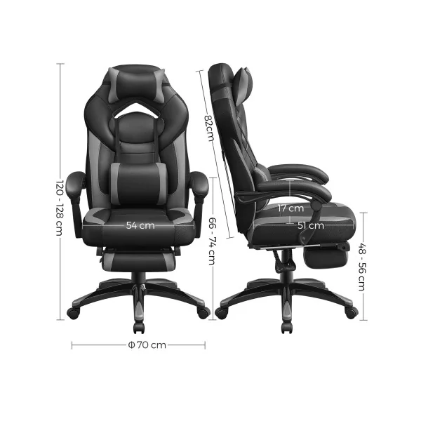 Chaise Gamer Noir Gris Fauteuil de Bureau Hauteur réglable Ergonomique