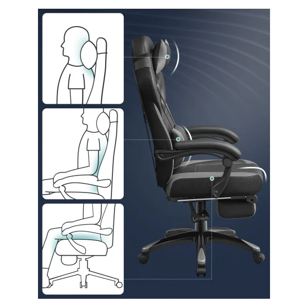 Chaise Gamer Noir Gris Fauteuil de Bureau Hauteur réglable Ergonomique