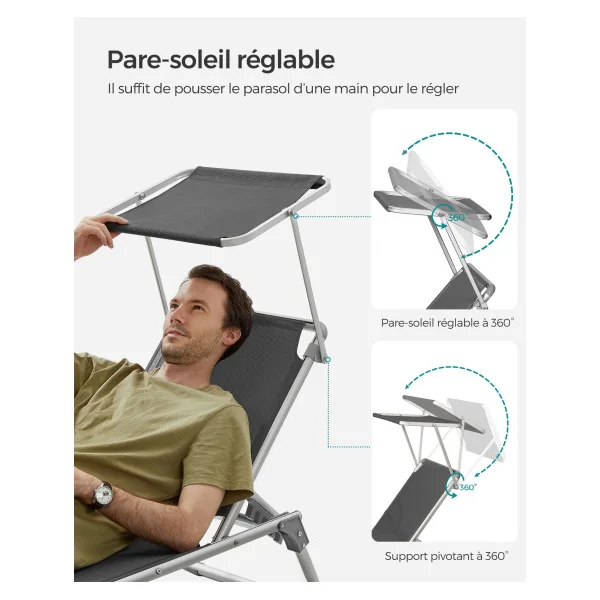 Chaise Longue Anthracite avec Dossier et Parasol Transat de Jardin en Acier