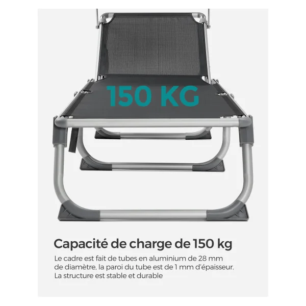 Chaise Longue Anthracite avec Dossier et Parasol Transat de Jardin en Acier
