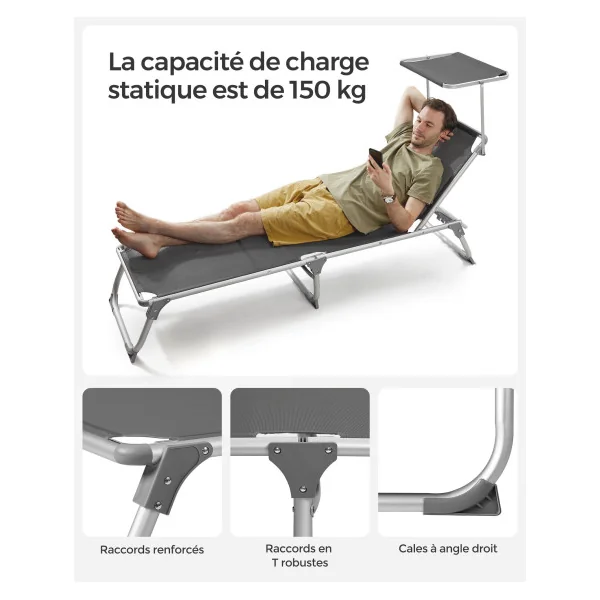 Chaise Longue Anthracite avec Dossier et Parasol Transat de Jardin en Acier