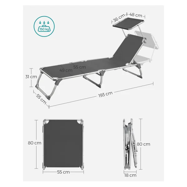 Chaise Longue Anthracite avec Dossier et Parasol Transat de Jardin en Acier