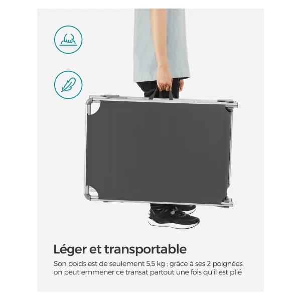 Chaise Longue Anthracite avec Dossier et Parasol Transat de Jardin en Acier