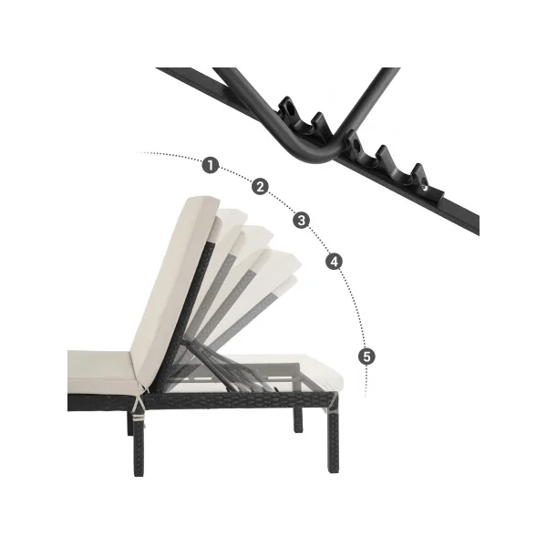 Chaise Longue en Résine Tressée Noir Coussin Beige Transat de Relaxation