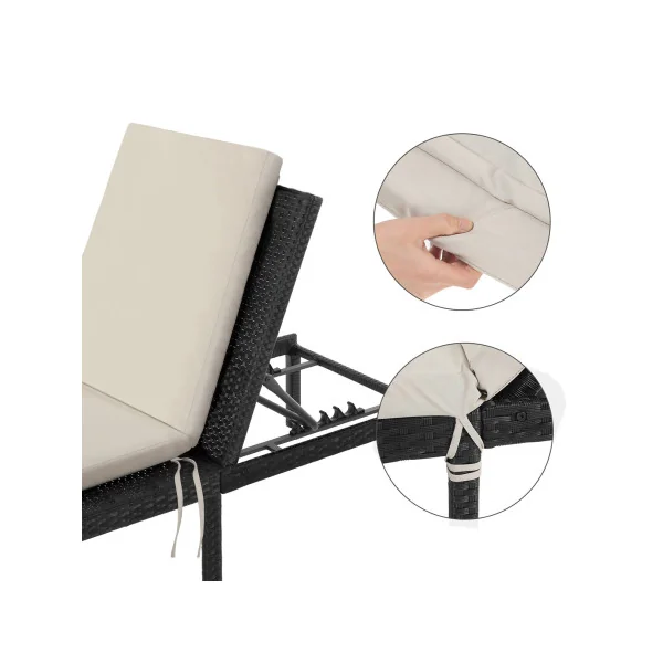 Chaise Longue en Résine Tressée Noir Coussin Beige Transat de Relaxation