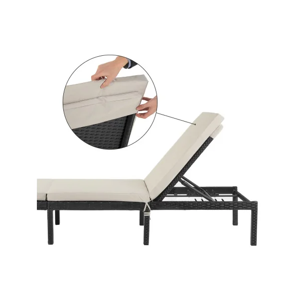 Chaise Longue en Résine Tressée Noir Coussin Beige Transat de Relaxation