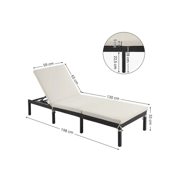 Chaise Longue en Résine Tressée Noir Coussin Beige Transat de Relaxation