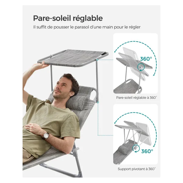 Chaise Longue Grège avec Dossier et Parasol Transat de Jardin en Acier