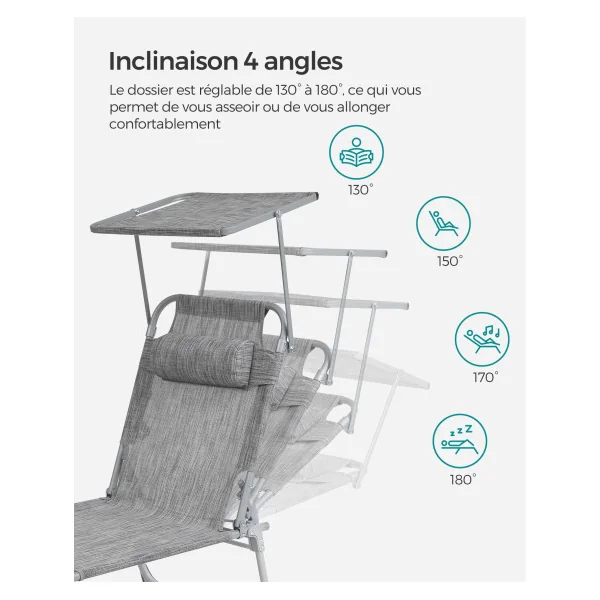 Chaise Longue Grège avec Dossier et Parasol Transat de Jardin en Acier