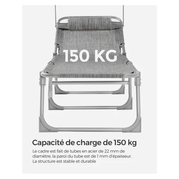 Chaise Longue Grège avec Dossier et Parasol Transat de Jardin en Acier