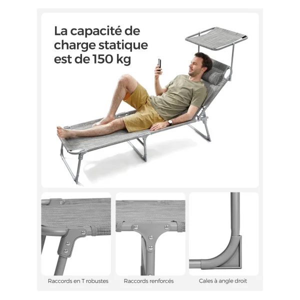 Chaise Longue Grège avec Dossier et Parasol Transat de Jardin en Acier
