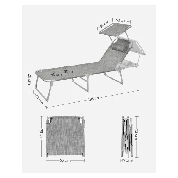 Chaise Longue Grège avec Dossier et Parasol Transat de Jardin en Acier