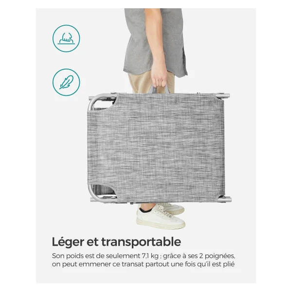 Chaise Longue Grège avec Dossier et Parasol Transat de Jardin en Acier