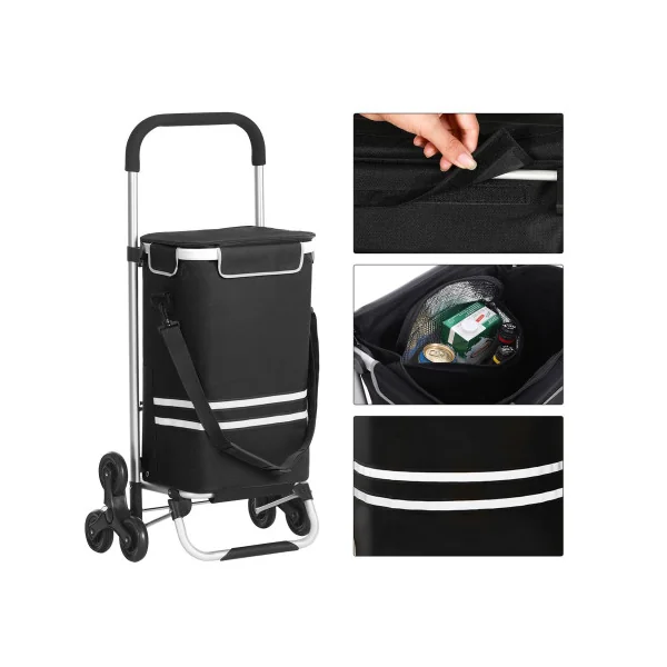 Chariot de Courses Caddie de Course Noir 6 roues avec Sac Isotherme 35L