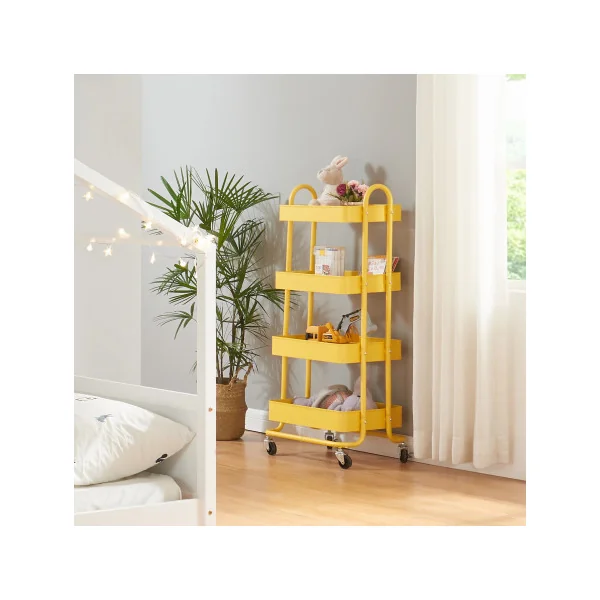 Chariot de Service à 4 Paniers en Acier Jaune 46 x 35 x 104 cm Desserte de Cuisine en Métal