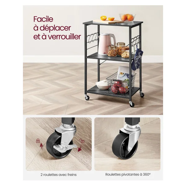 Chariot à 3 Niveaux Noir Boisé Étagère de Cuisine Mobile Rangement Micro Ondes