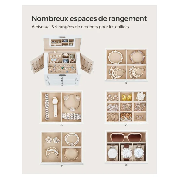 Coffre à Bijoux Blanc Boîte à Bijoux 6 Niveaux avec Ailes tiroirs Miroir et Fermoir Bracelets Boucles d'Oreilles Bagues Colliers