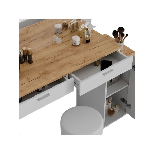 Coiffeuse 2 Tiroirs Chêne Doré et Blanc + Tabouret avec Miroir LED et Placard Table Maquillage Femme Coiffeuse Chambre