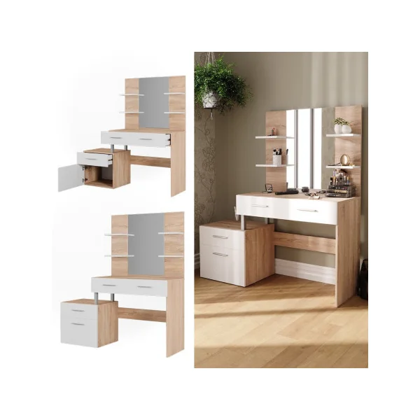 Coiffeuse 4 Tiroirs Blanc et Chêne avec Miroir Moderne Table Maquillage Femme Coiffeuse Chambre