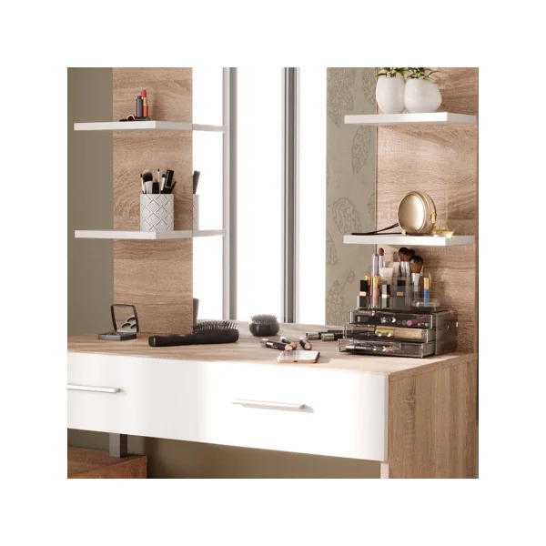 Coiffeuse 4 Tiroirs Blanc et Chêne avec Miroir Moderne Table Maquillage Femme Coiffeuse Chambre