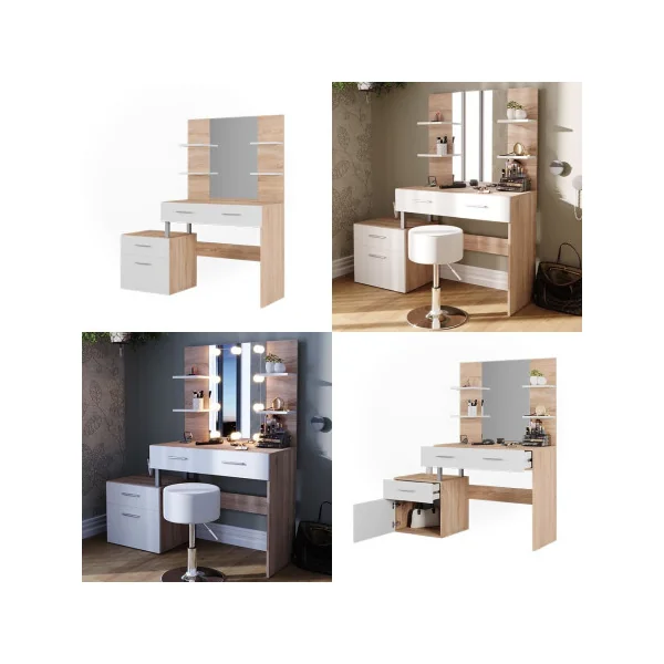 Coiffeuse 4 Tiroirs Blanc et Chêne avec Miroir Moderne Table Maquillage Femme Coiffeuse Chambre