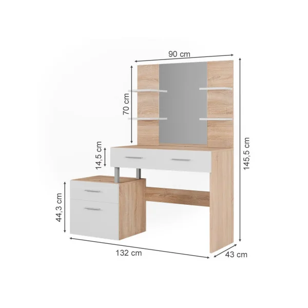Coiffeuse 4 Tiroirs Blanc et Chêne avec Miroir Moderne Table Maquillage Femme Coiffeuse Chambre