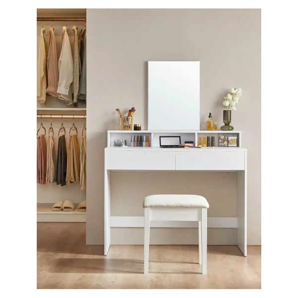 Coiffeuse avec Grand Miroir Blanc Table Maquillage Femme 2 Tiroirs
