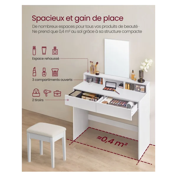 Coiffeuse avec Grand Miroir Blanc Table Maquillage Femme 2 Tiroirs