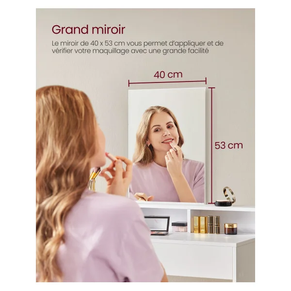 Coiffeuse avec Grand Miroir Blanc Table Maquillage Femme 2 Tiroirs