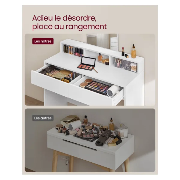 Coiffeuse avec Grand Miroir Blanc Table Maquillage Femme 2 Tiroirs