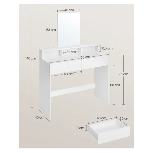 Coiffeuse avec Grand Miroir Blanc Table Maquillage Femme 2 Tiroirs